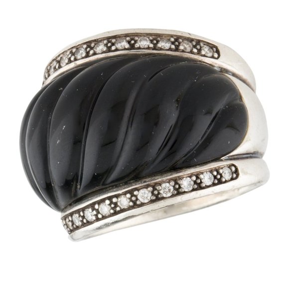 DAVID YURMAN STERLING SILVER ONYX & DIAMOND SCULPTED DOME BAND RING - Picture 2 of 8